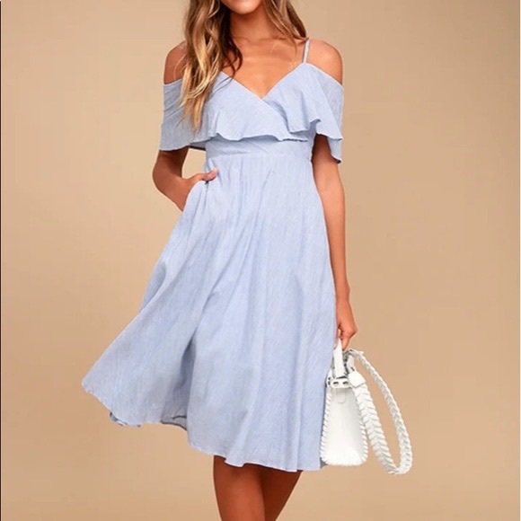 Lulus Yacht Rock Blue and White Striped Off Shoulder Midi Dress - Picture 3 of 6